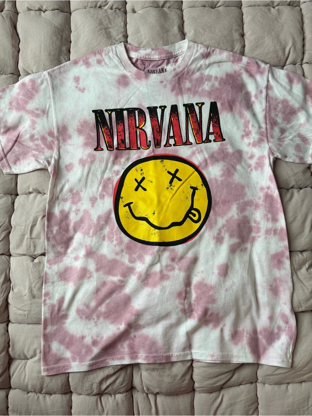 NIRVANA Pink Tie-Dye Tee with Yellow Smiley NWOT size M